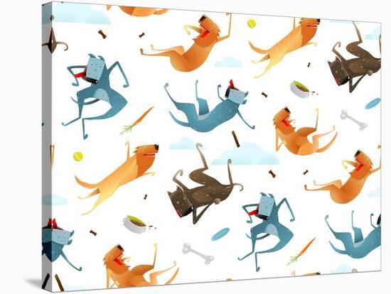 Happy Dogs and Doggy Food Seamless Pattern Background . Flying with Clouds Amusing Colorful Dogs An-Popmarleo-Stretched Canvas