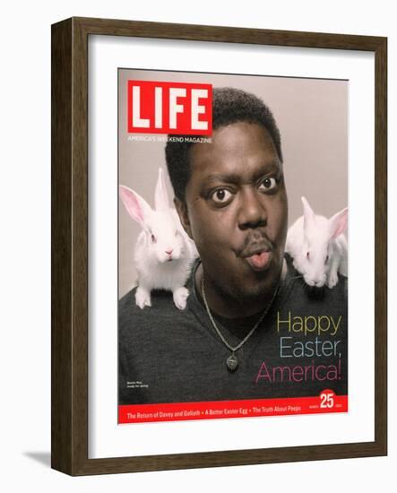 Happy Easter, Comic Actor Bernie Mac with White Rabbits on Shoulders, March 25, 2005-Karina Taira-Framed Photographic Print