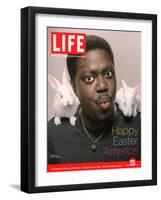 Happy Easter, Comic Actor Bernie Mac with White Rabbits on Shoulders, March 25, 2005-Karina Taira-Framed Photographic Print