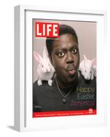 Happy Easter, Comic Actor Bernie Mac with White Rabbits on Shoulders, March 25, 2005-Karina Taira-Framed Photographic Print