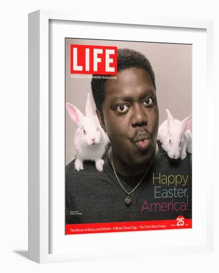 Happy Easter, Comic Actor Bernie Mac with White Rabbits on Shoulders, March 25, 2005-Karina Taira-Framed Photographic Print