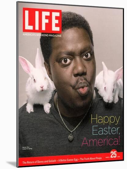 Happy Easter, Comic Actor Bernie Mac with White Rabbits on Shoulders, March 25, 2005-Karina Taira-Mounted Photographic Print