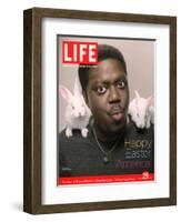 Happy Easter, Comic Actor Bernie Mac with White Rabbits on Shoulders, March 25, 2005-Karina Taira-Framed Photographic Print