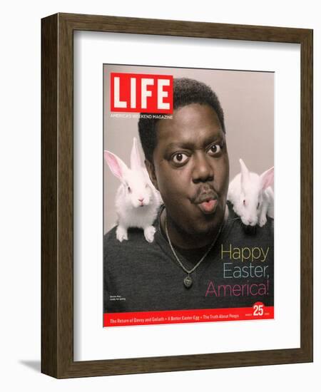 Happy Easter, Comic Actor Bernie Mac with White Rabbits on Shoulders, March 25, 2005-Karina Taira-Framed Photographic Print