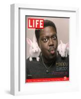 Happy Easter, Comic Actor Bernie Mac with White Rabbits on Shoulders, March 25, 2005-Karina Taira-Framed Photographic Print