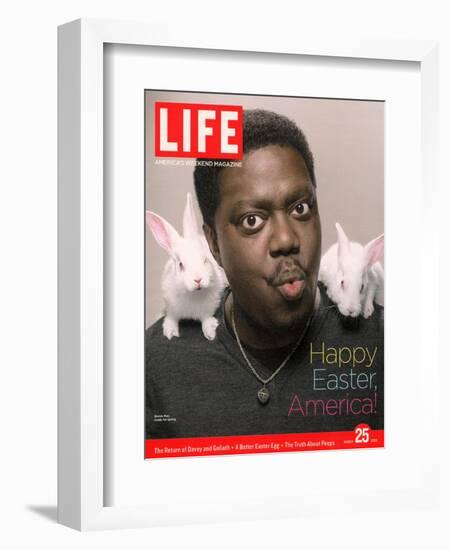 Happy Easter, Comic Actor Bernie Mac with White Rabbits on Shoulders, March 25, 2005-Karina Taira-Framed Photographic Print