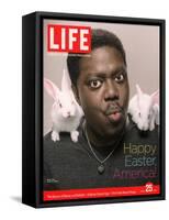 Happy Easter, Comic Actor Bernie Mac with White Rabbits on Shoulders, March 25, 2005-Karina Taira-Framed Stretched Canvas