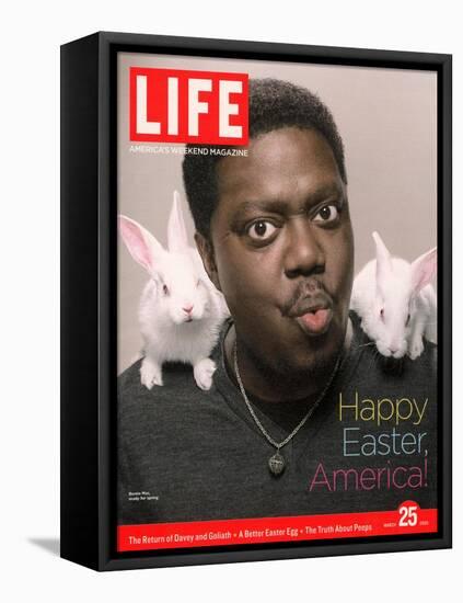 Happy Easter, Comic Actor Bernie Mac with White Rabbits on Shoulders, March 25, 2005-Karina Taira-Framed Stretched Canvas