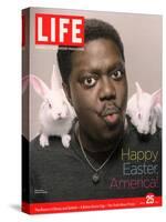 Happy Easter, Comic Actor Bernie Mac with White Rabbits on Shoulders, March 25, 2005-Karina Taira-Stretched Canvas