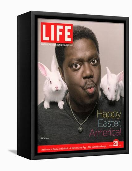 Happy Easter, Comic Actor Bernie Mac with White Rabbits on Shoulders, March 25, 2005-Karina Taira-Framed Stretched Canvas