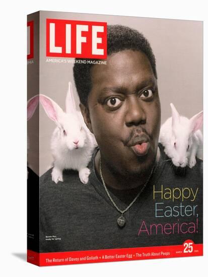 Happy Easter, Comic Actor Bernie Mac with White Rabbits on Shoulders, March 25, 2005-Karina Taira-Stretched Canvas