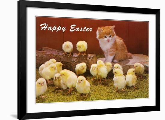 Happy Easter, Kitten and Chicks-null-Framed Premium Giclee Print