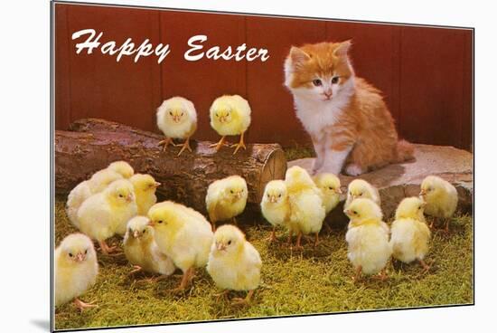 Happy Easter, Kitten and Chicks-null-Mounted Premium Giclee Print