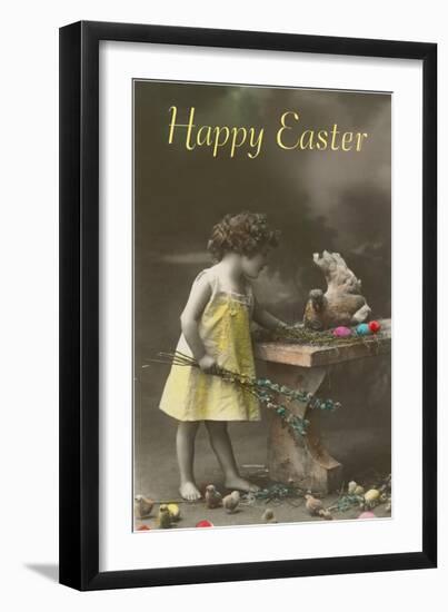 Happy Easter, Victorian Girl with Hen on Table-null-Framed Art Print