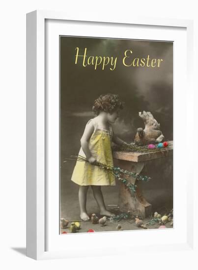 Happy Easter, Victorian Girl with Hen on Table-null-Framed Art Print