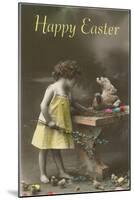 Happy Easter, Victorian Girl with Hen on Table-null-Mounted Art Print