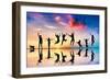 Happy Group Of Friends, Family With Dog And Cat Jumping Together At Sunset, Water Reflection-Michal Bednarek-Framed Art Print