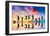 Happy Group Of Friends, Family With Dog And Cat Jumping Together At Sunset, Water Reflection-Michal Bednarek-Framed Art Print