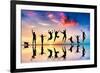 Happy Group Of Friends, Family With Dog And Cat Jumping Together At Sunset, Water Reflection-Michal Bednarek-Framed Art Print