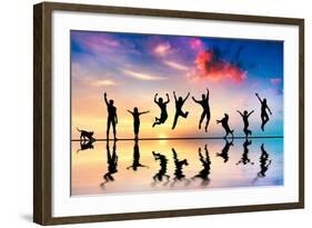 Happy Group Of Friends, Family With Dog And Cat Jumping Together At Sunset, Water Reflection-Michal Bednarek-Framed Art Print