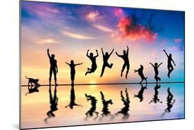 Happy Group Of Friends, Family With Dog And Cat Jumping Together At Sunset, Water Reflection-Michal Bednarek-Mounted Art Print