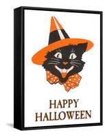 Happy Halloween, Black Cat in Hat-null-Framed Stretched Canvas