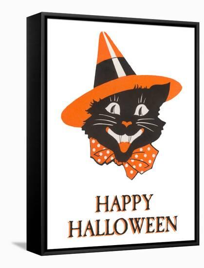 Happy Halloween, Black Cat in Hat-null-Framed Stretched Canvas