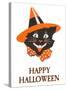 Happy Halloween, Black Cat in Hat-null-Stretched Canvas