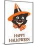 Happy Halloween, Black Cat in Hat-null-Mounted Art Print