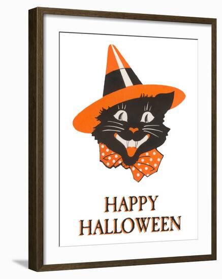 Happy Halloween, Black Cat in Hat-null-Framed Art Print