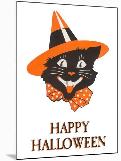 Happy Halloween, Black Cat in Hat-null-Mounted Art Print