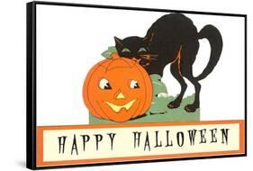 Happy Halloween, Cat and Jack O'Lantern-null-Framed Stretched Canvas