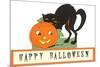 Happy Halloween, Cat and Jack O'Lantern-null-Mounted Premium Giclee Print