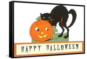 Happy Halloween, Cat and Jack O'Lantern-null-Framed Stretched Canvas