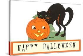 Happy Halloween, Cat and Jack O'Lantern-null-Stretched Canvas