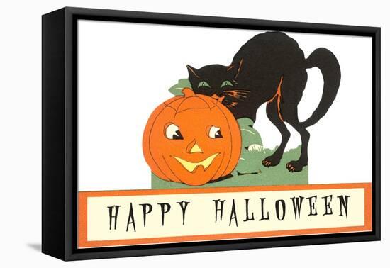 Happy Halloween, Cat and Jack O'Lantern-null-Framed Stretched Canvas