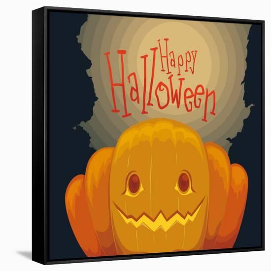 Happy Halloween Pumpkin Poster with Spooky Background, Vector Illustration-PenWin-Framed Stretched Canvas