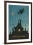 Happy Halloween, Witch Flying over House-null-Framed Art Print