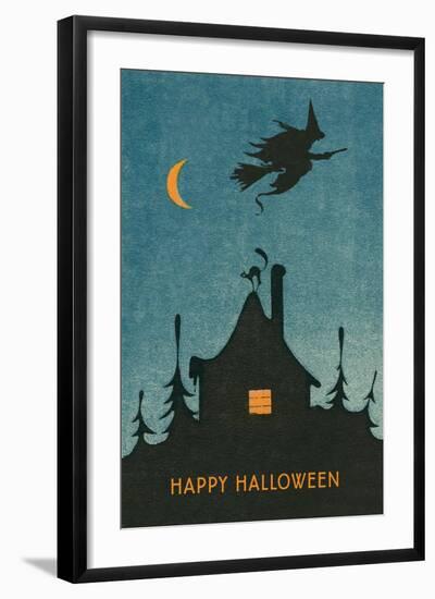 Happy Halloween, Witch Flying over House-null-Framed Art Print