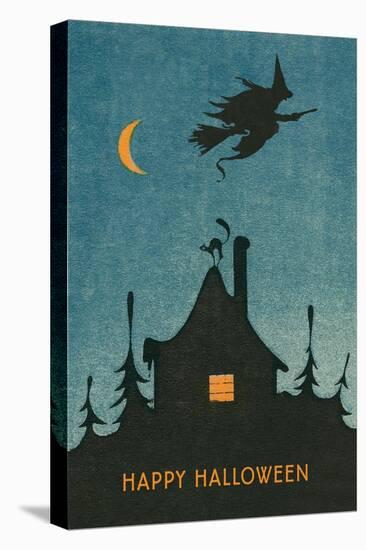 Happy Halloween, Witch Flying over House-null-Stretched Canvas