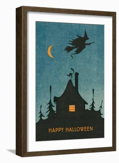 Happy Halloween, Witch Flying over House-null-Framed Art Print