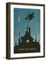 Happy Halloween, Witch Flying over House-null-Framed Art Print