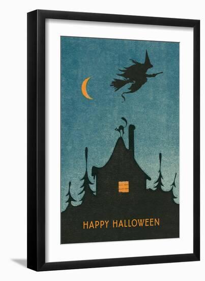 Happy Halloween, Witch Flying over House-null-Framed Art Print