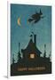 Happy Halloween, Witch Flying over House-null-Framed Art Print