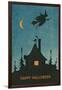 Happy Halloween, Witch Flying over House-null-Framed Art Print