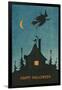 Happy Halloween, Witch Flying over House-null-Framed Art Print