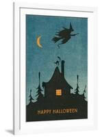 Happy Halloween, Witch Flying over House-null-Framed Art Print