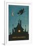 Happy Halloween, Witch Flying over House-null-Framed Art Print