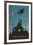 Happy Halloween, Witch Flying over House-null-Framed Art Print