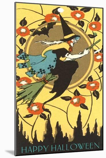 Happy Halloween, Witch on Broom-null-Mounted Art Print